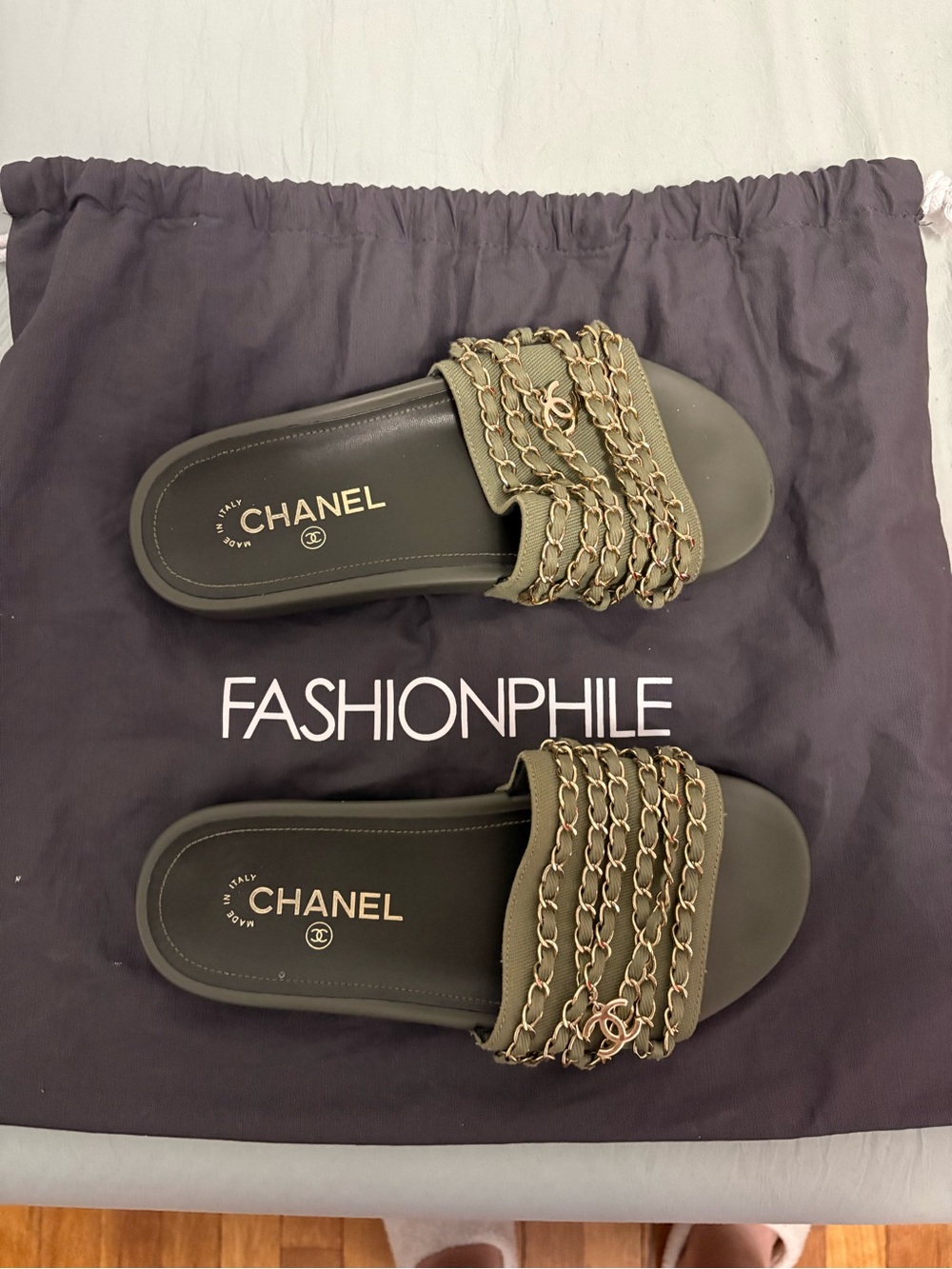 CHANEL Olive Green Chain-Trim Slide Sandals